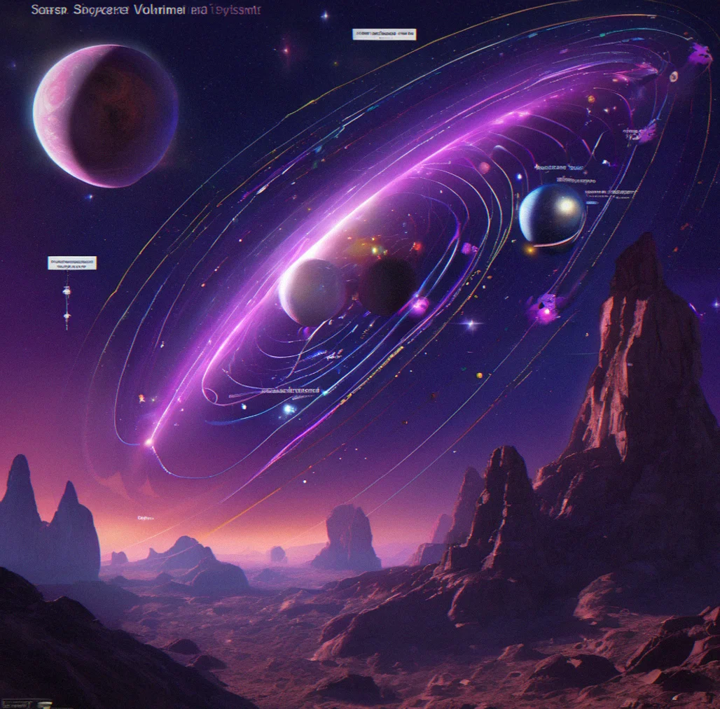 Procedurally-generated star system map showing binary stars with orbital paths and resource distribution patterns