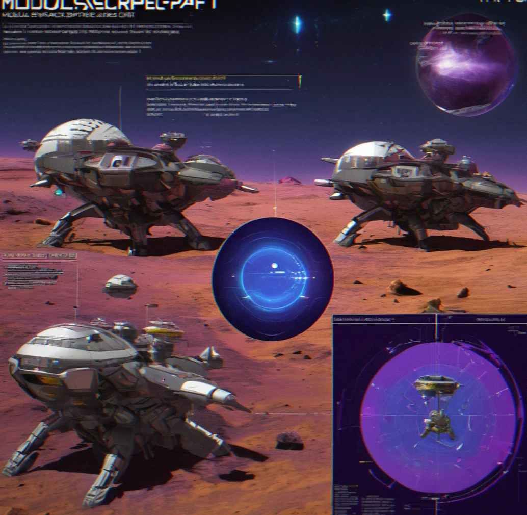 Modular spacecraft component selection screen showing color-coded scanner, engine, cargo and armor options