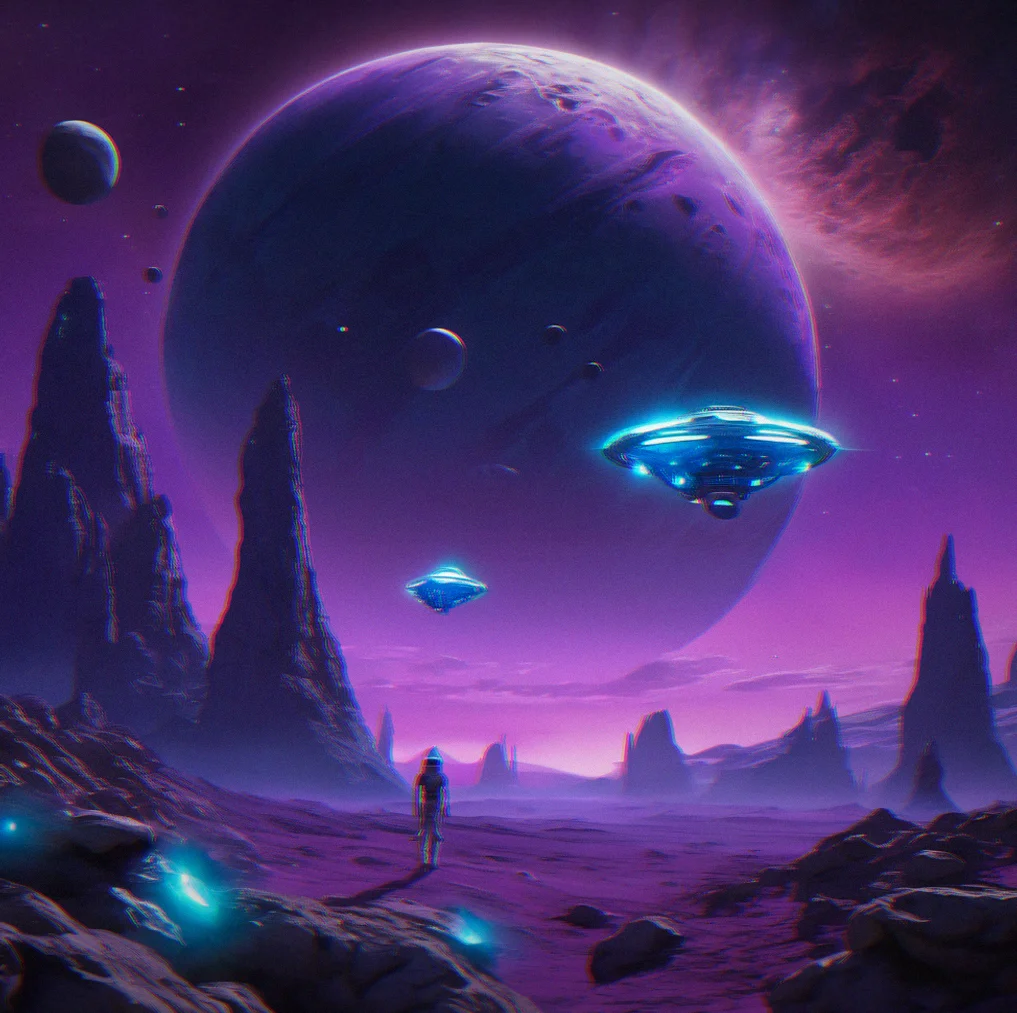 Rare crystalline mid-tier compounds glowing under a purple planet atmosphere