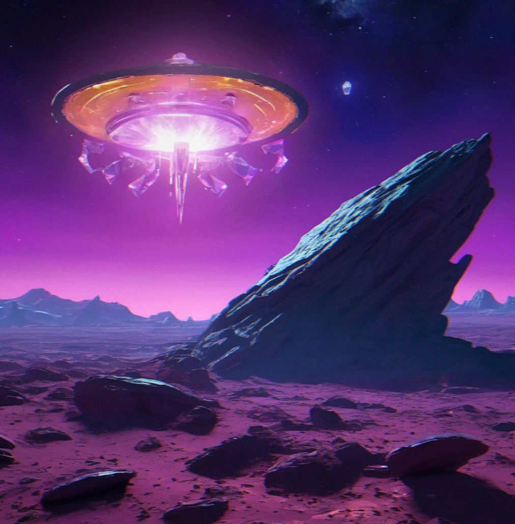 Glowing alien artifact recovered from an underground chamber, surrounded by crystalline formations