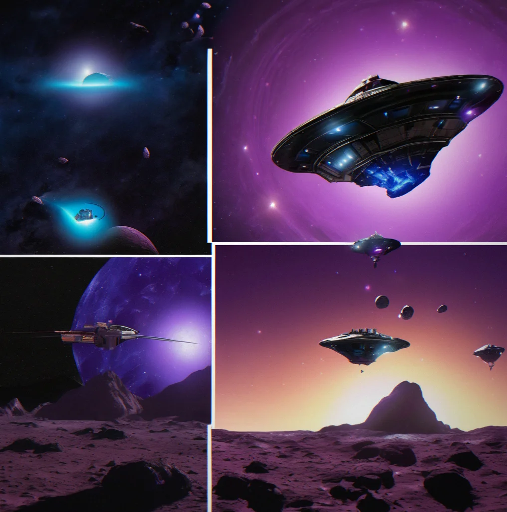 Three-stage spacecraft evolution showing progression from small hauler to advanced explorer vessel