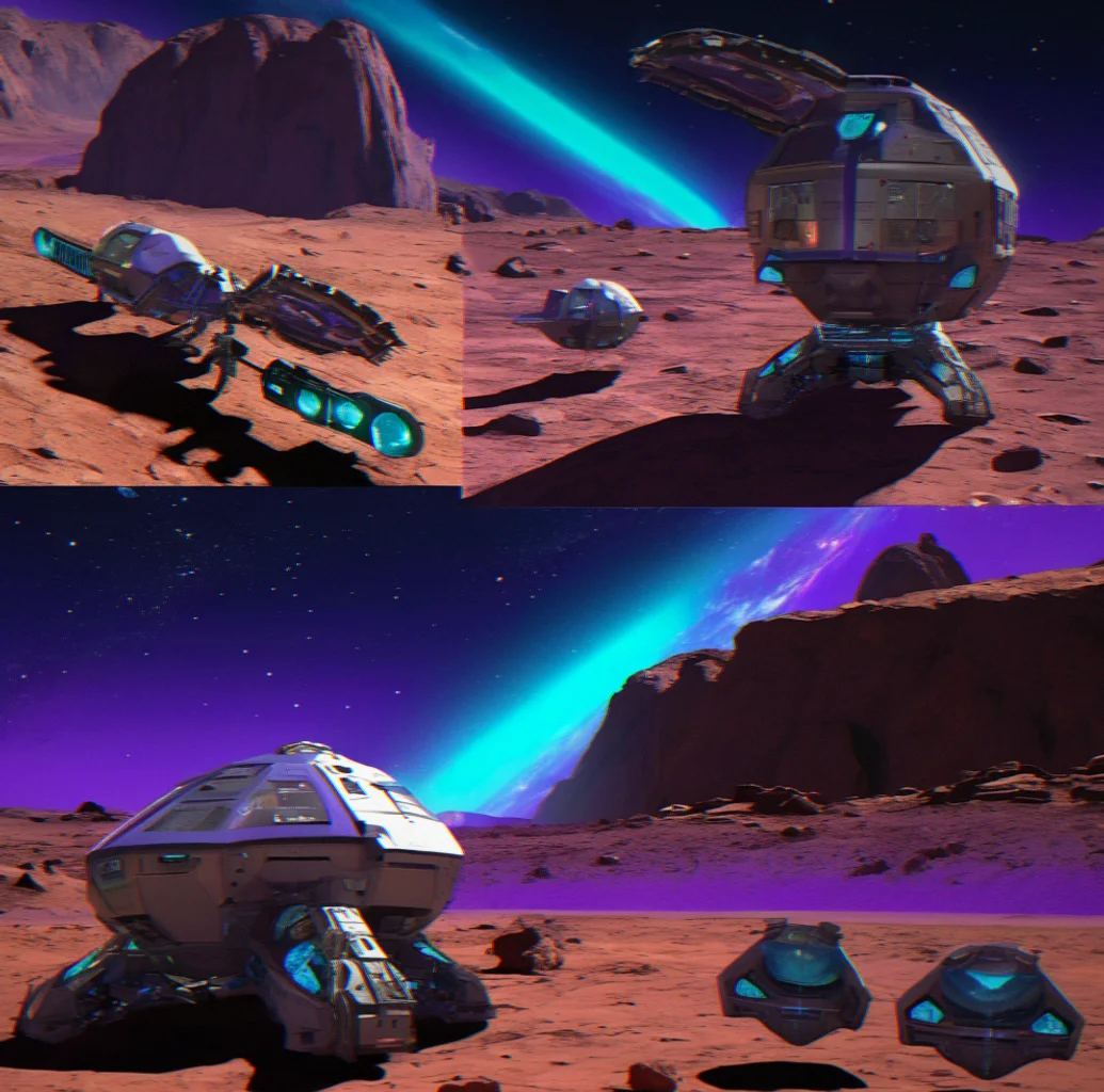 Modular spacecraft components laid out showing scanner, engine, cargo, and hull modules