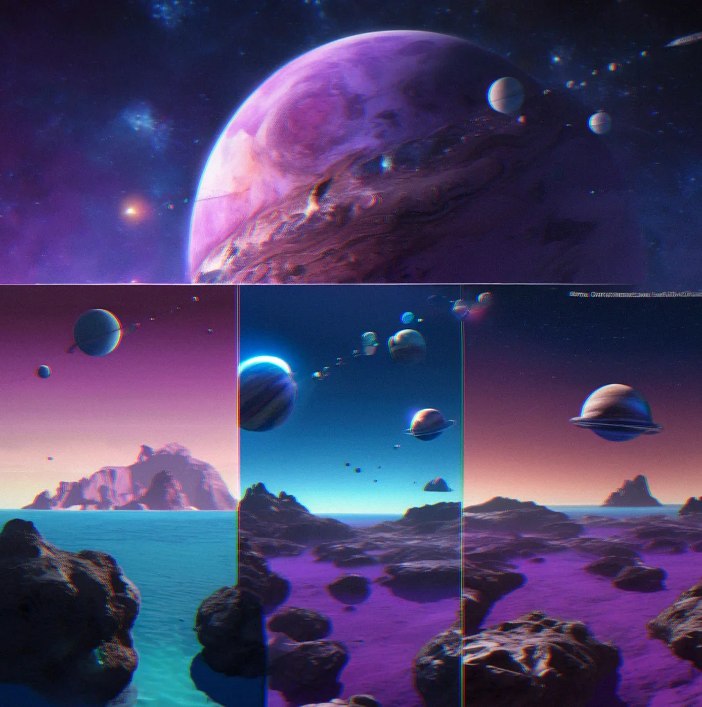 Montage of diverse procedurally-generated planets showing rocky, icy, acidic, and ocean environments