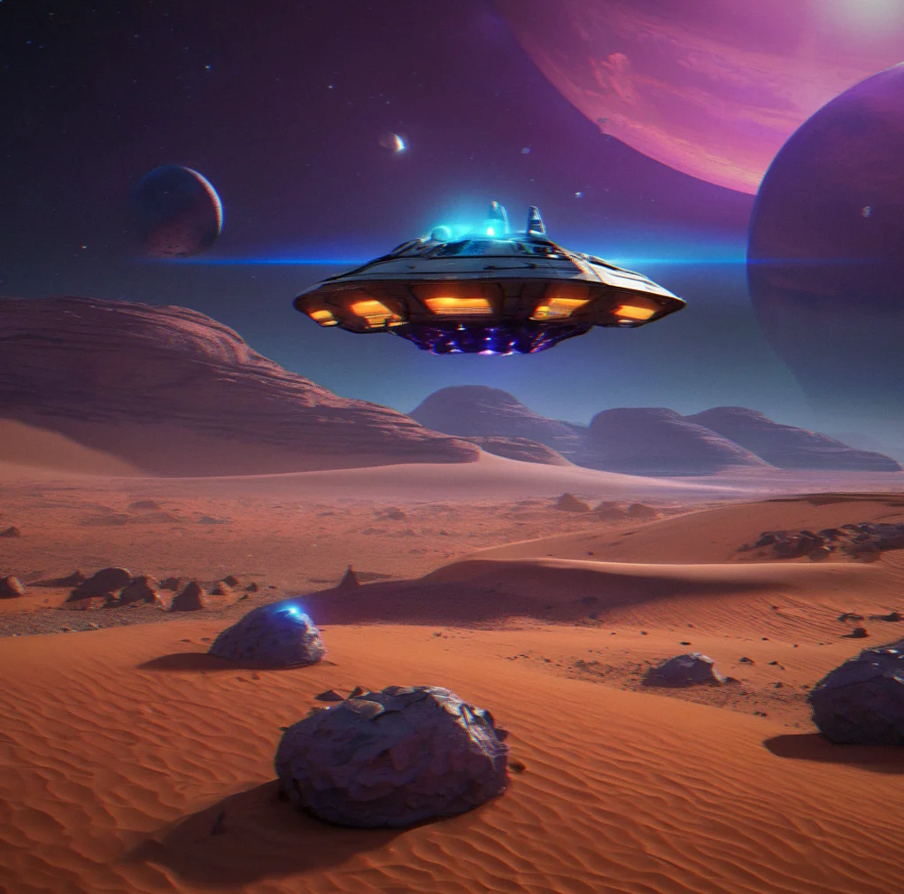 Prospect-class ship coming in to land on a rocky desert world, orange dunes everywhere with crystals scattered across the surface