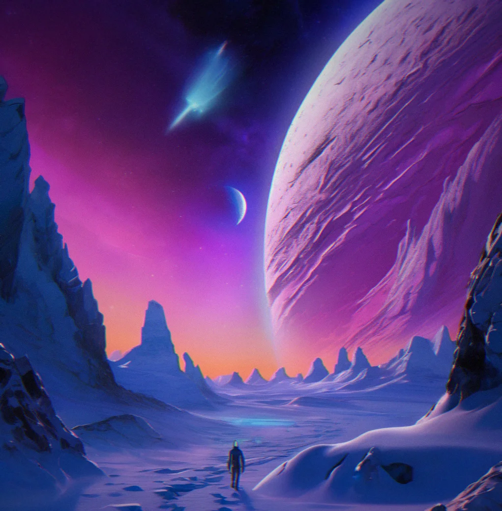 Touching down on an ice moon where thermal vents break through the frozen ground and the sky's full of aurora