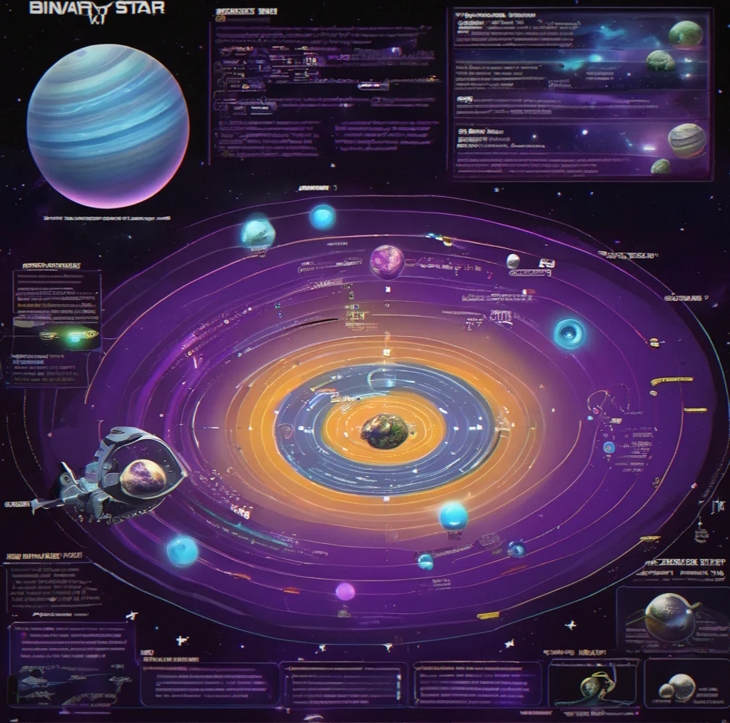 Scanner showing a binary star system with dozens of planets and alien artifact hotspots marked across the map