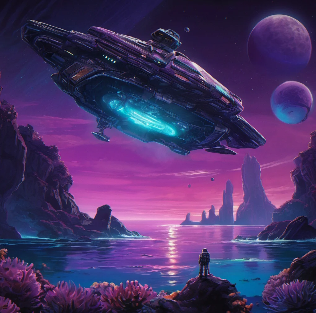 Deep ocean world lit up by bioluminescent creatures while your pressure-resistant ship explores the alien ruins below