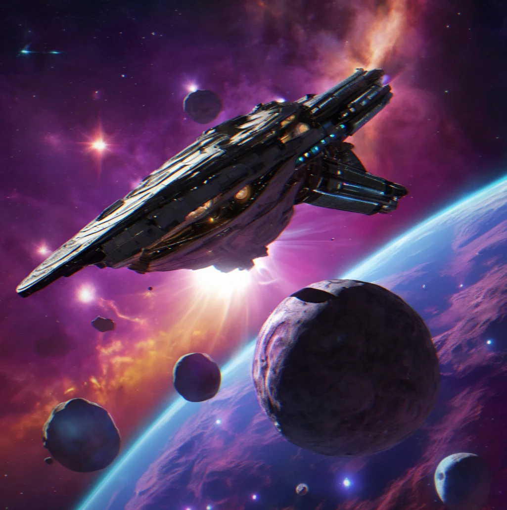 Fully loaded Atlantis-class explorer orbiting above a nebula system with countless star systems mapped out around it