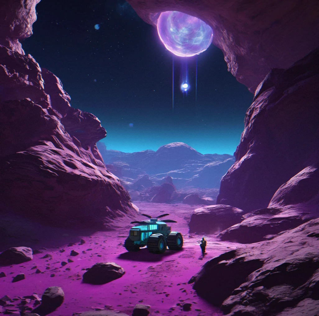 Underground mining operation on a procedurally-generated planet with resource extraction equipment and crystalline deposits